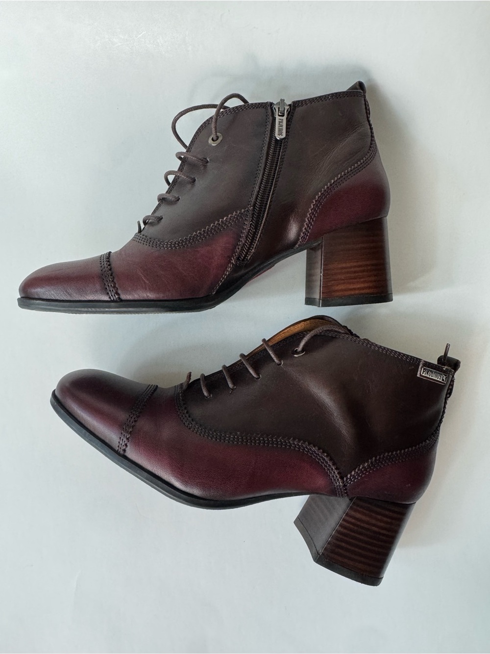 PIKOLINOS Two-Tone Burgundy and Dark Brown Lace-Up Ankle Boots